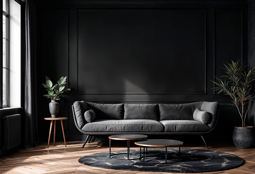 Elegancki, ciemny salon z grafitową sofą i czarnymi ścianami; na drewnianej podłodze znajduje się okrągły, ciemny dywan z subtelnym marmurkowym wzorem
