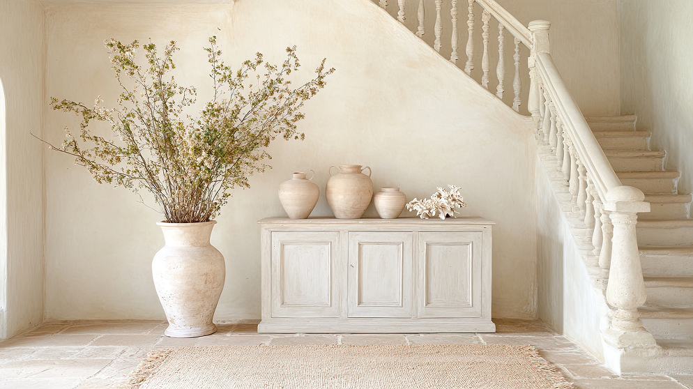 Jasny hol w naturalnym stylu z białą komodą, ceramicznymi wazami i schodami; na podłodze znajduje się prostokątny, jasny dywan z naturalnych włókien